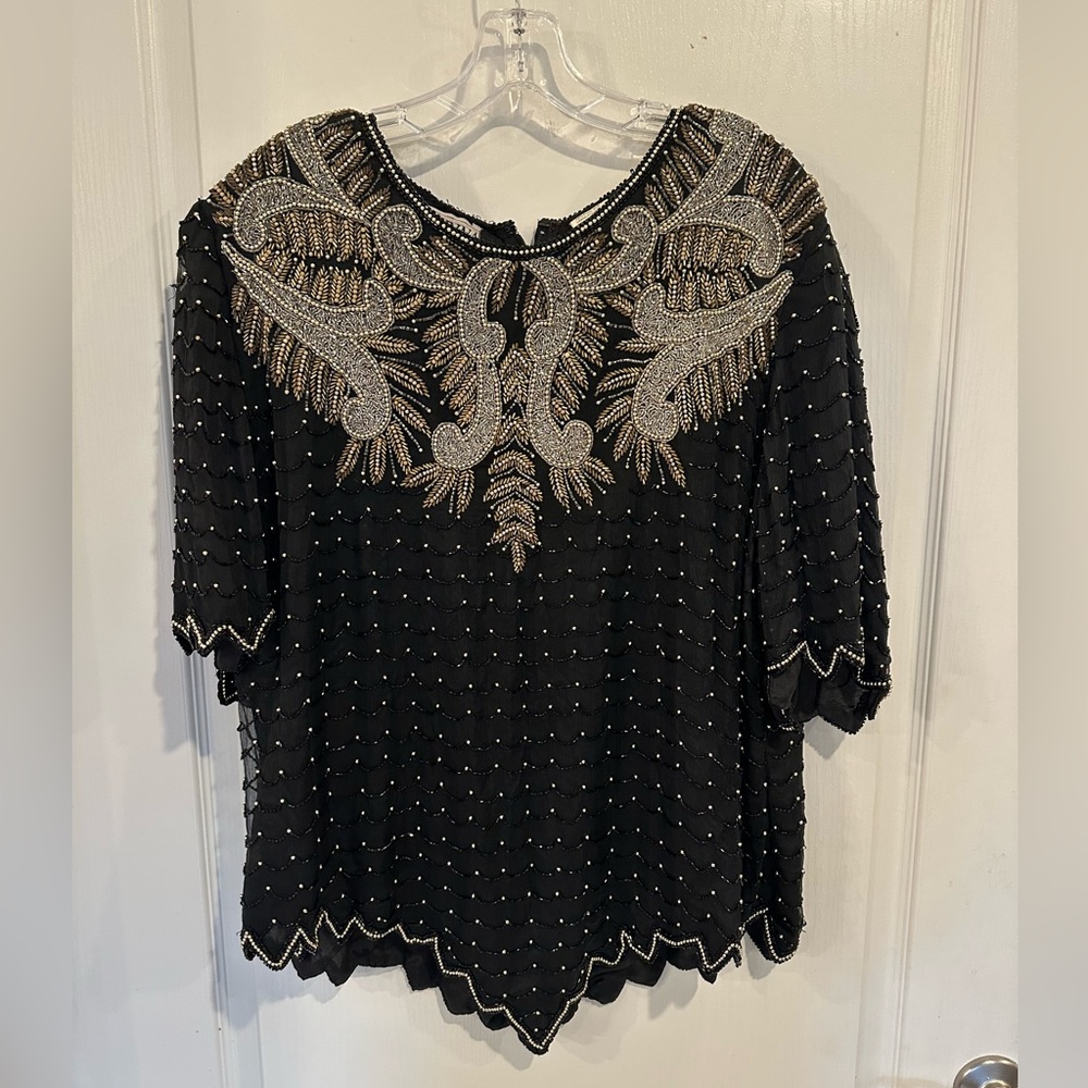 Carina by Barry Lee vintage Beaded Embellished short sleeve silk Top plus sz 2x